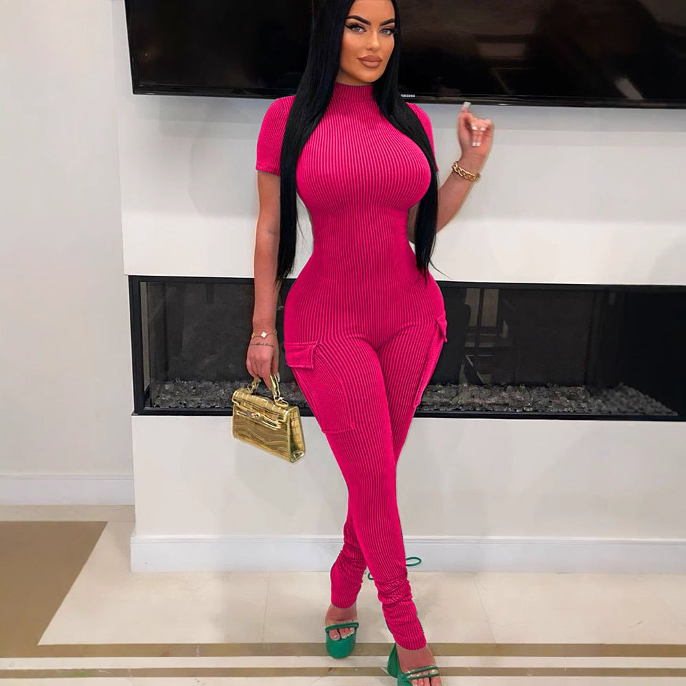 Bodycon Ribbed Jumpsuit with Mock Neck and Backless Detail
