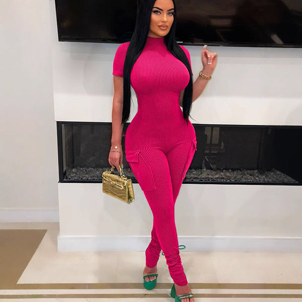 Bodycon Ribbed Jumpsuit with Mock Neck and Backless Detail