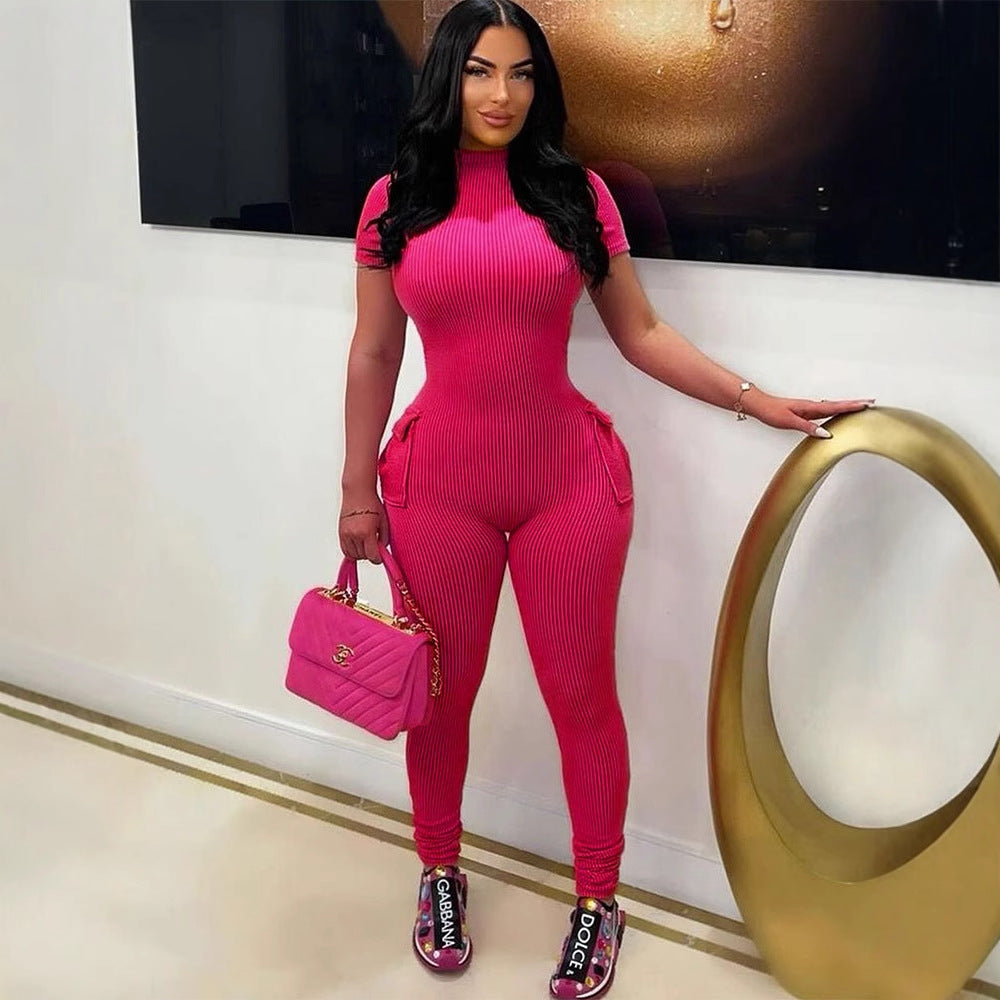 Bodycon Ribbed Jumpsuit with Mock Neck and Backless Detail