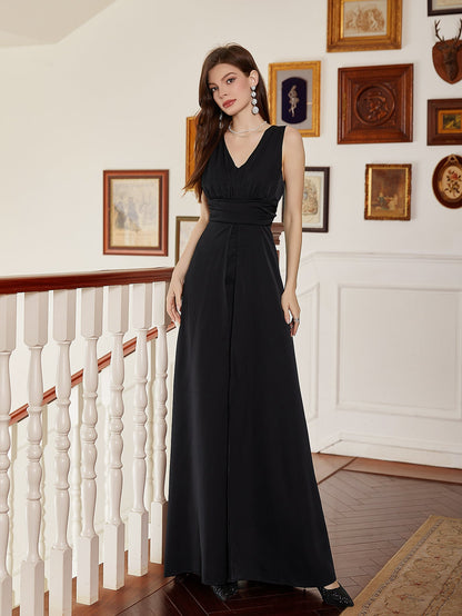 Sleeveless Wide-Leg Jumpsuit with V-Neck and Ruched Waist