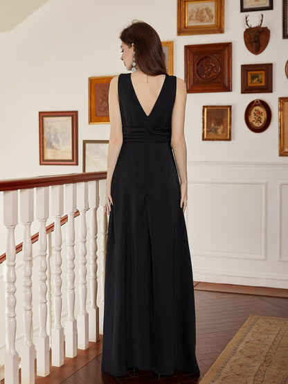 Sleeveless Wide-Leg Jumpsuit with V-Neck and Ruched Waist