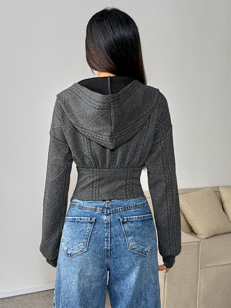 Diamond Knit Hooded Cardigan with Cinched Waist