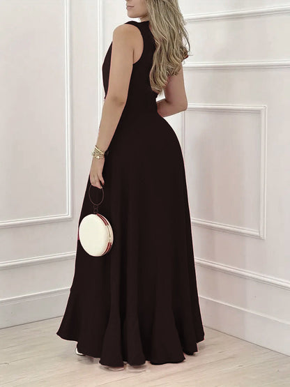 Maxi Dress with Deep V-Neck and High-Low Ruffle Hem