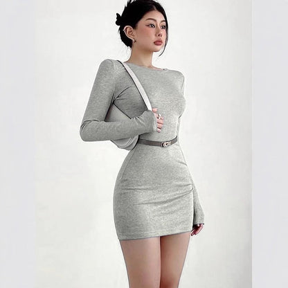 Solid Bodycon Mini Dress with Round Neck and Thumbhole Sleeves