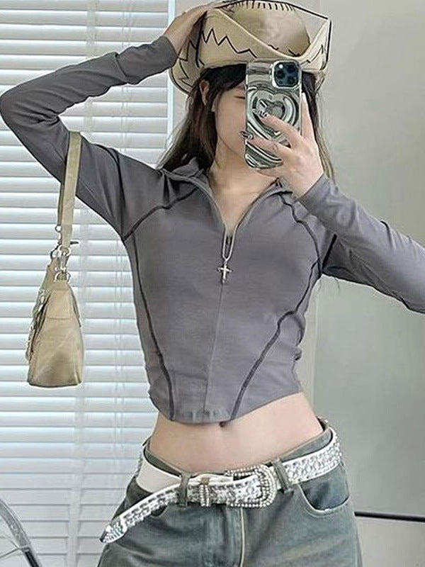 Bodycon Cropped Top with Quarter-Zip and Contrast Stitching