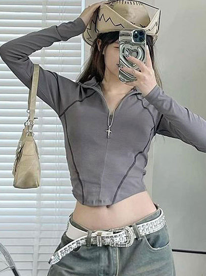 Bodycon Cropped Top with Quarter-Zip and Contrast Stitching