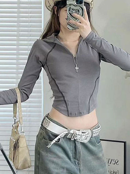 Bodycon Cropped Top with Quarter-Zip and Contrast Stitching