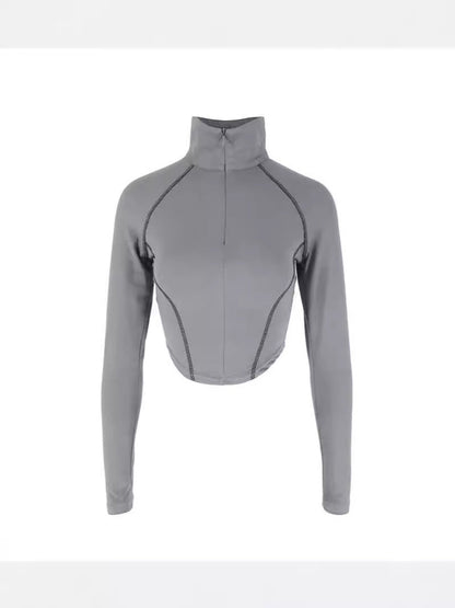 Bodycon Cropped Top with Quarter-Zip and Contrast Stitching