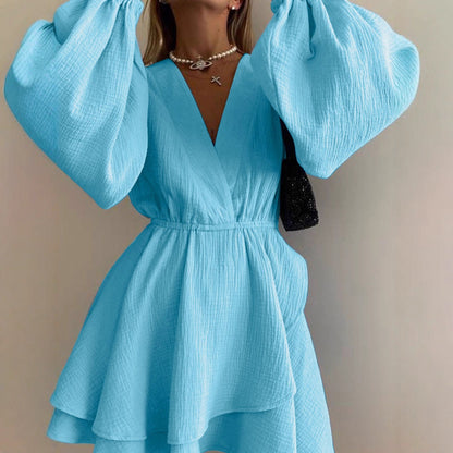 Solid Mini Dress with V-Neck and Puff Sleeves