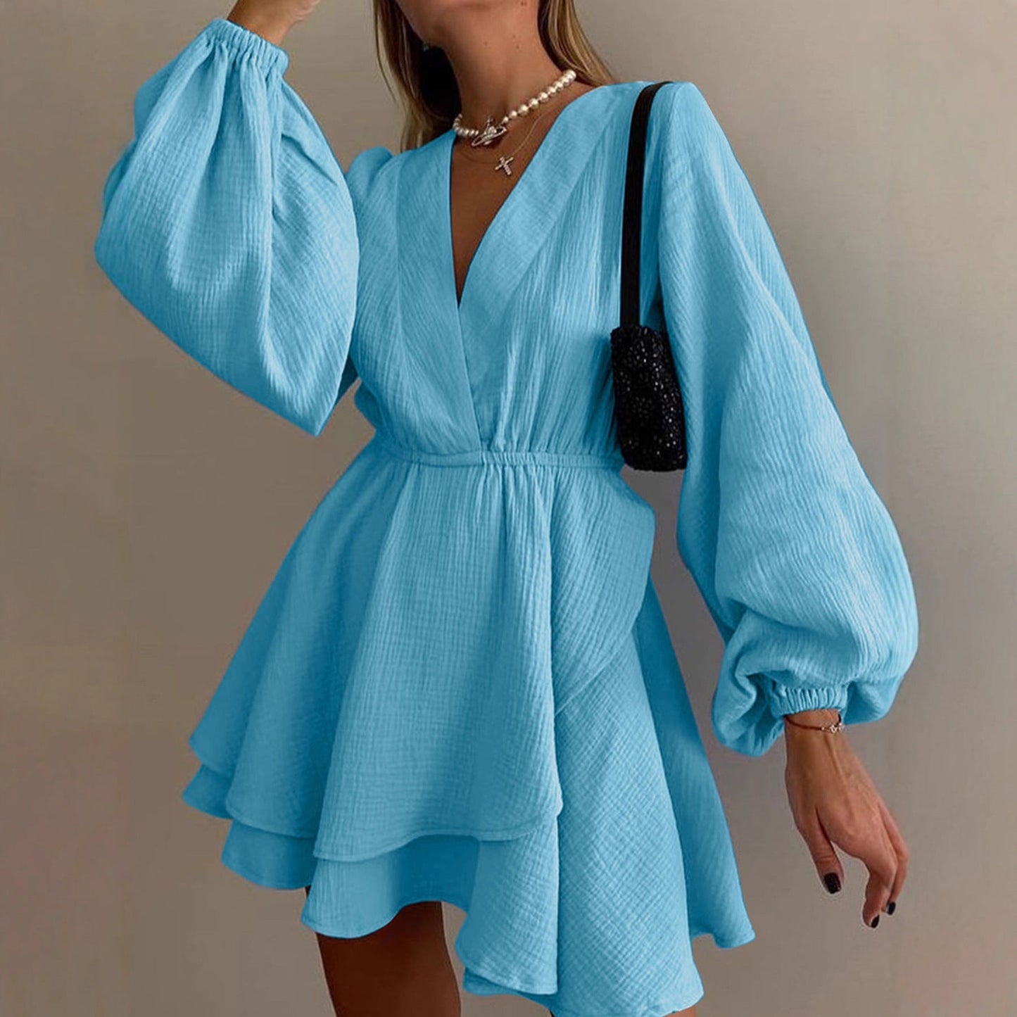Solid Mini Dress with V-Neck and Puff Sleeves