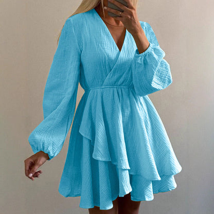 Solid Mini Dress with V-Neck and Puff Sleeves