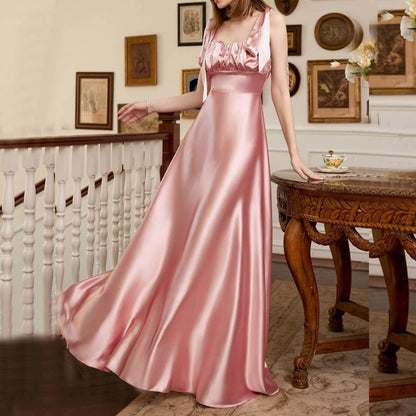 Satin Maxi Dress with Tie-Shoulder Straps and Ruched Bust