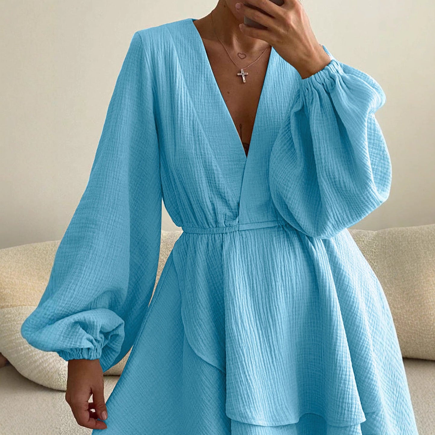Solid Mini Dress with V-Neck and Puff Sleeves