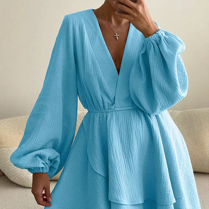 Solid Mini Dress with V-Neck and Puff Sleeves