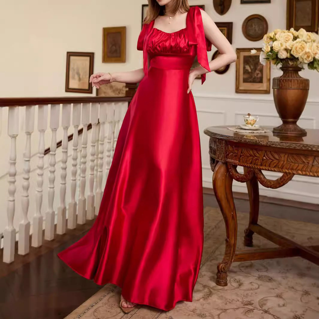 Satin Maxi Dress with Tie-Shoulder Straps and Ruched Bust