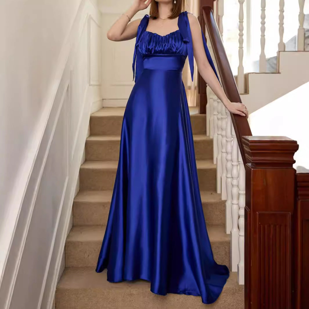 Satin Maxi Dress with Tie-Shoulder Straps and Ruched Bust