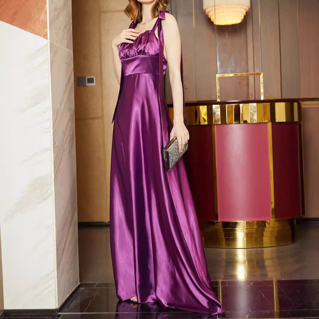 Satin Maxi Dress with Tie-Shoulder Straps and Ruched Bust