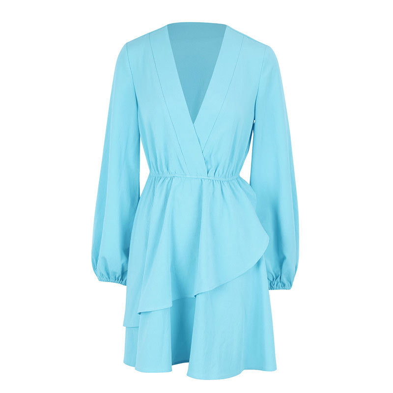 Solid Mini Dress with V-Neck and Puff Sleeves