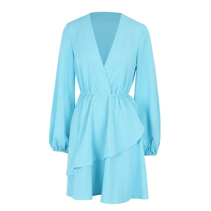 Solid Mini Dress with V-Neck and Puff Sleeves