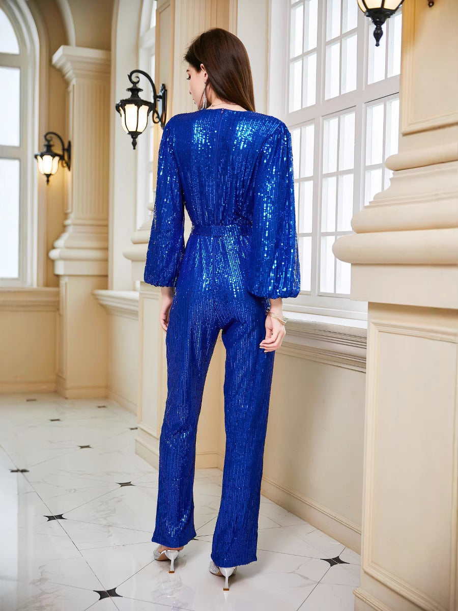 Sequined Jumpsuit with V-Neck and Tie-Waist