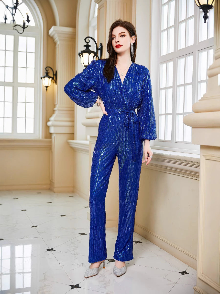Sequined Jumpsuit with V-Neck and Tie-Waist