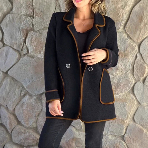 Loose Woolen Coat with Contrasting Trim and Notched Lapels