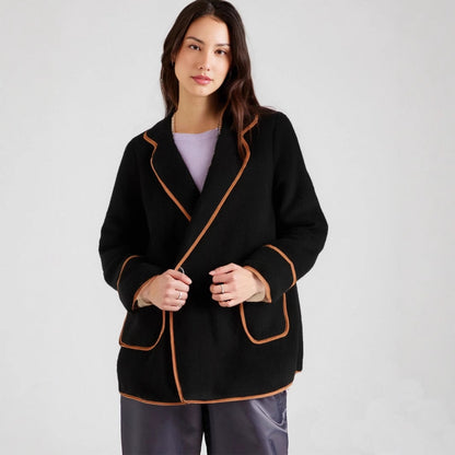 Loose Woolen Coat with Contrasting Trim and Notched Lapels