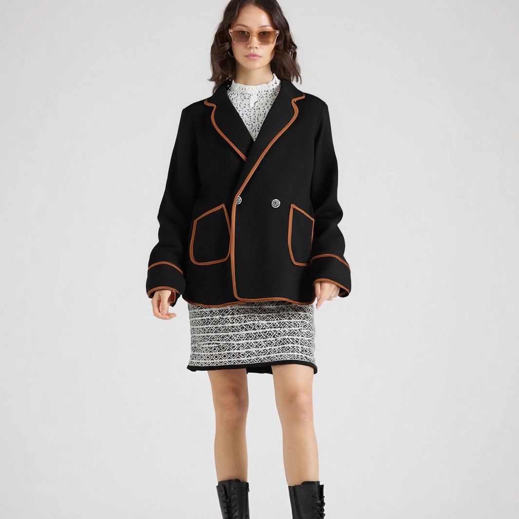 Loose Woolen Coat with Contrasting Trim and Notched Lapels