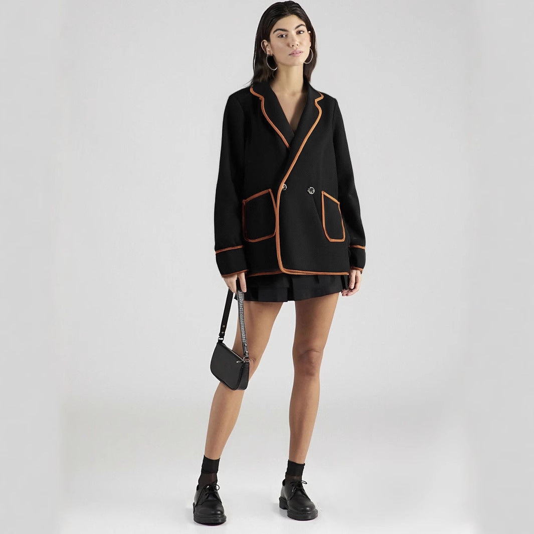 Loose Woolen Coat with Contrasting Trim and Notched Lapels