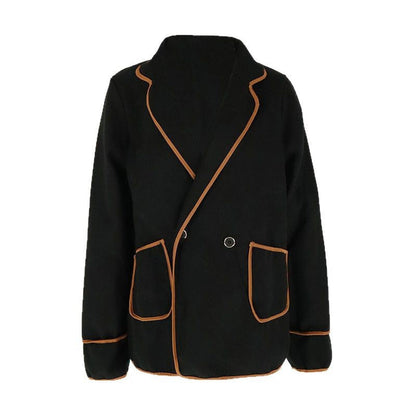 Loose Woolen Coat with Contrasting Trim and Notched Lapels