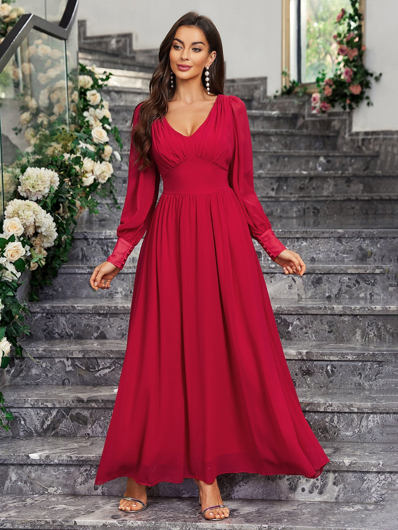 A-Line Chiffon Maxi Dress with V-Neck and Long Sleeves