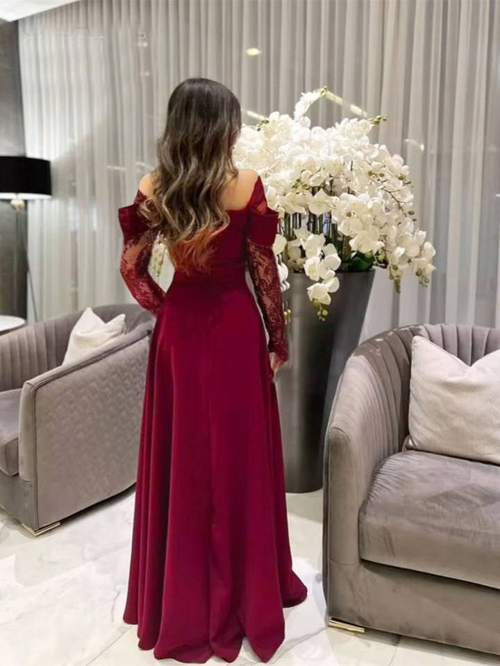 Off-Shoulder Maxi Dress with Lace Sleeves and Slit
