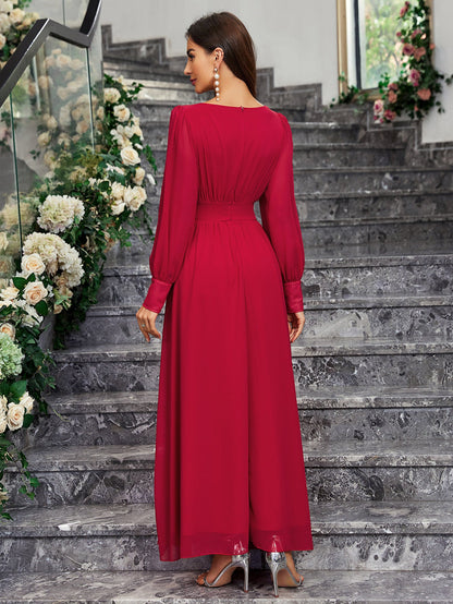 A-Line Chiffon Maxi Dress with V-Neck and Long Sleeves