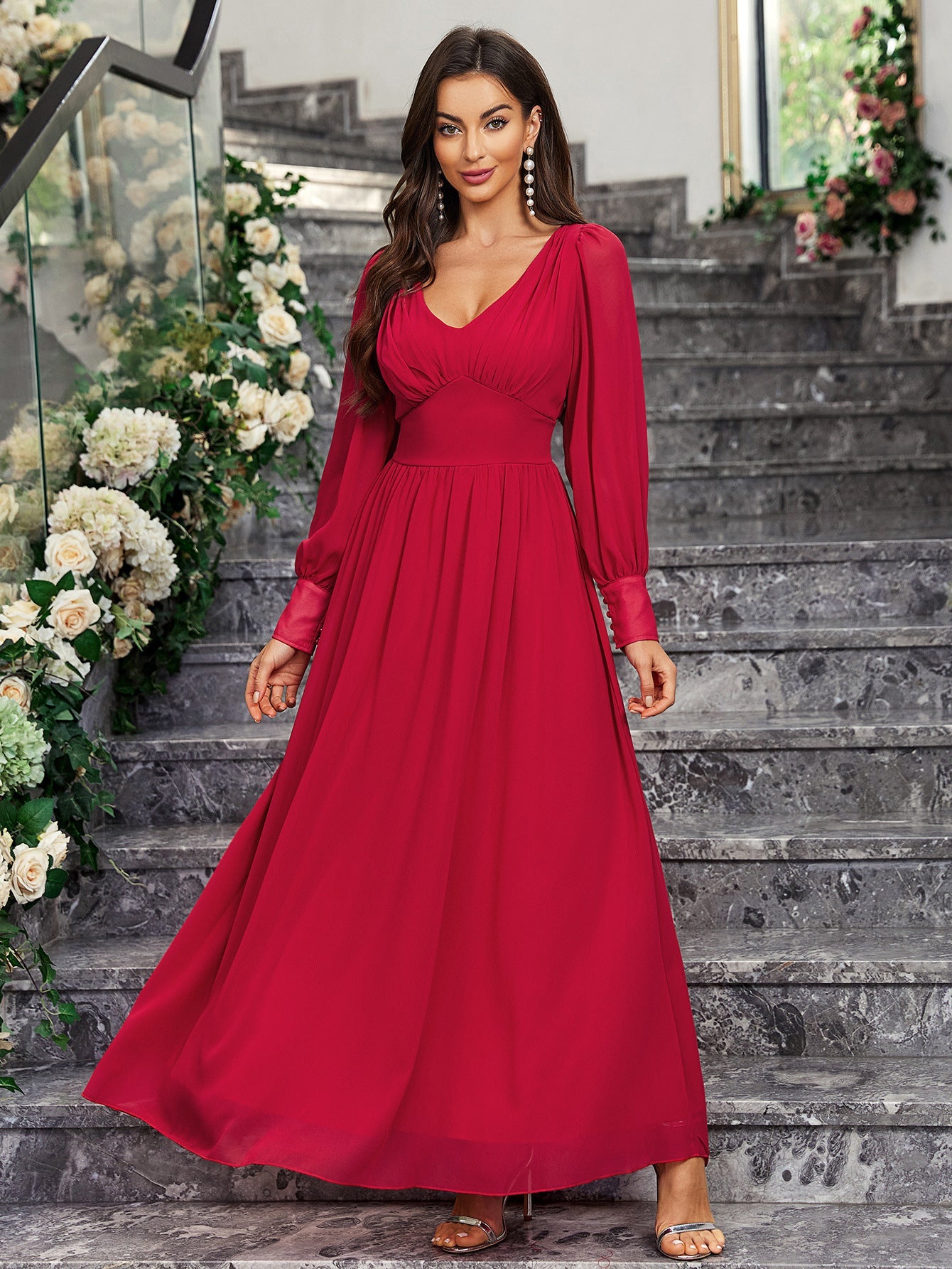 A-Line Chiffon Maxi Dress with V-Neck and Long Sleeves