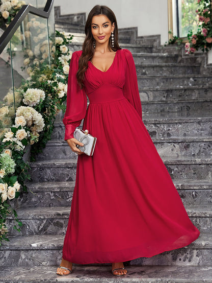 A-Line Chiffon Maxi Dress with V-Neck and Long Sleeves