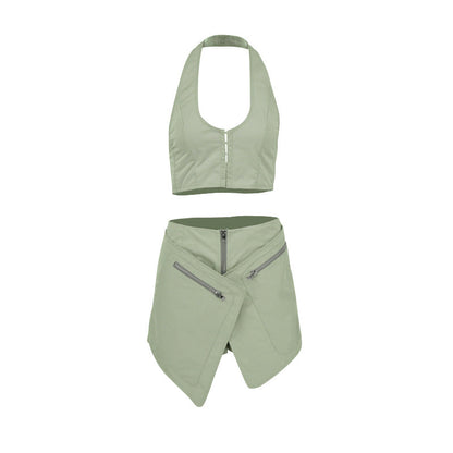 Plain Two-Piece Skirt Set with Halter Backless Top and Wrap Mini Skirt