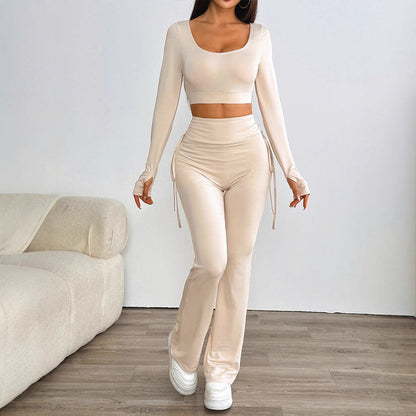 Solid High-Waist Pants Set with Long-Sleeve Crop Top and Flared Pants