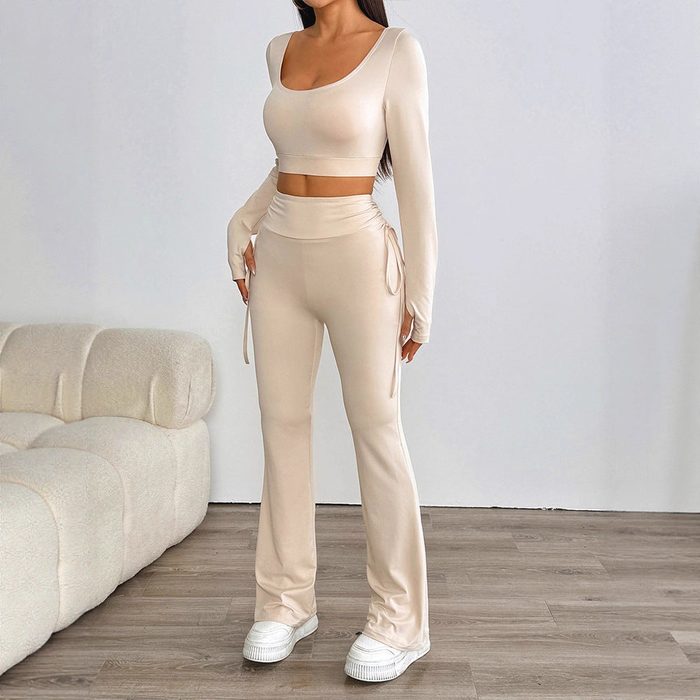 Solid High-Waist Pants Set with Long-Sleeve Crop Top and Flared Pants