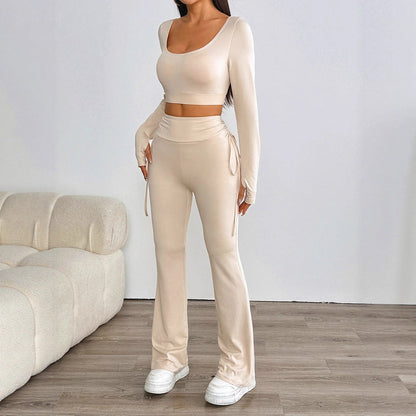 Solid High-Waist Pants Set with Long-Sleeve Crop Top and Flared Pants