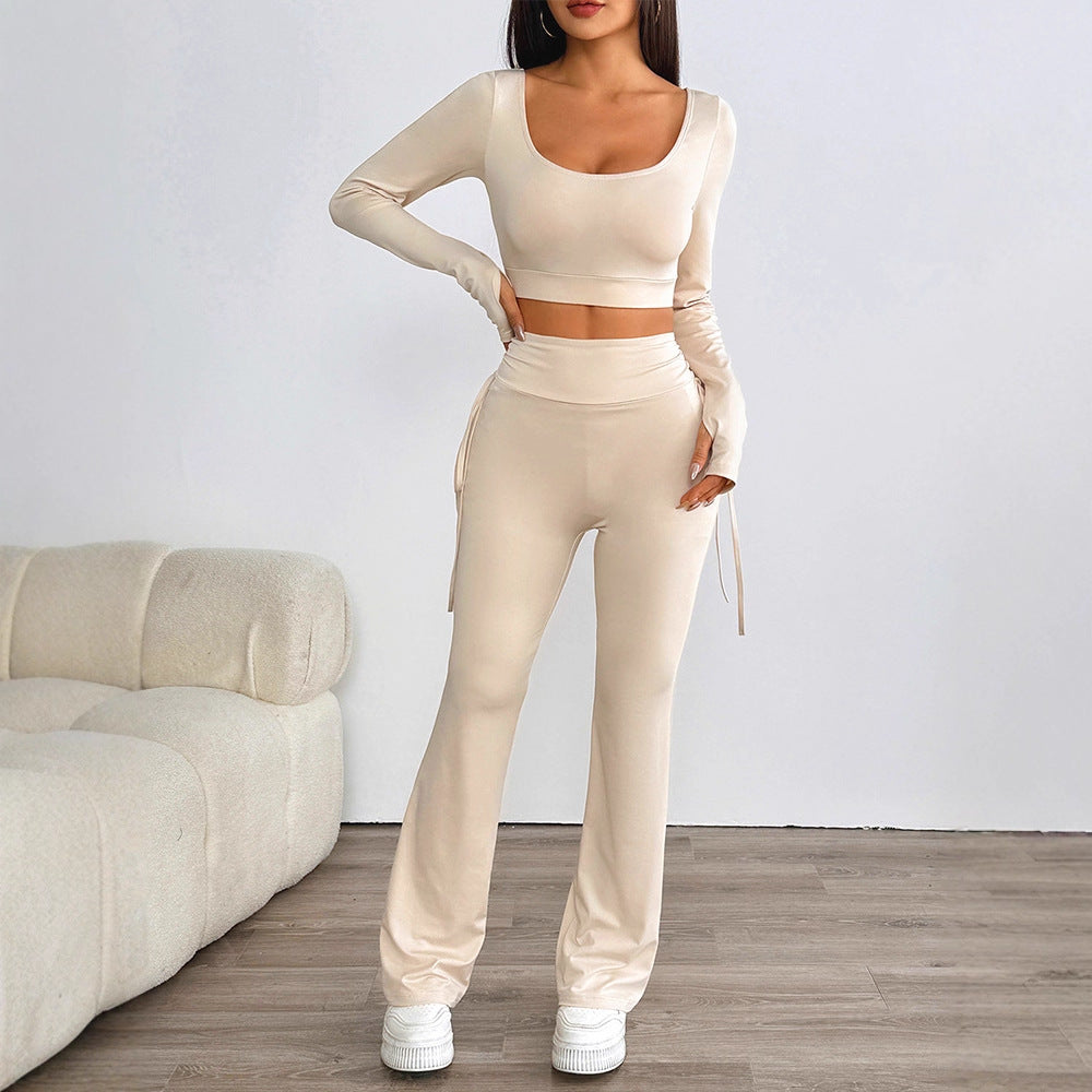 Solid High-Waist Pants Set with Long-Sleeve Crop Top and Flared Pants