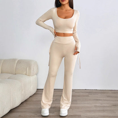 Solid High-Waist Pants Set with Long-Sleeve Crop Top and Flared Pants