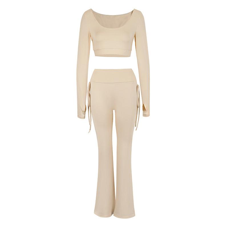 Solid High-Waist Pants Set with Long-Sleeve Crop Top and Flared Pants