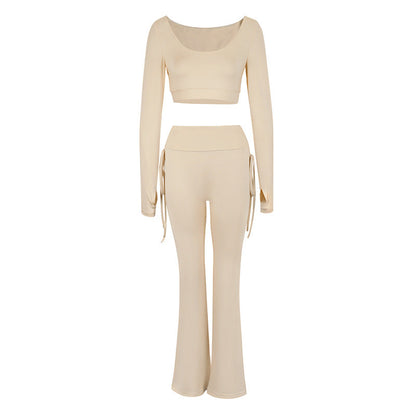 Solid High-Waist Pants Set with Long-Sleeve Crop Top and Flared Pants
