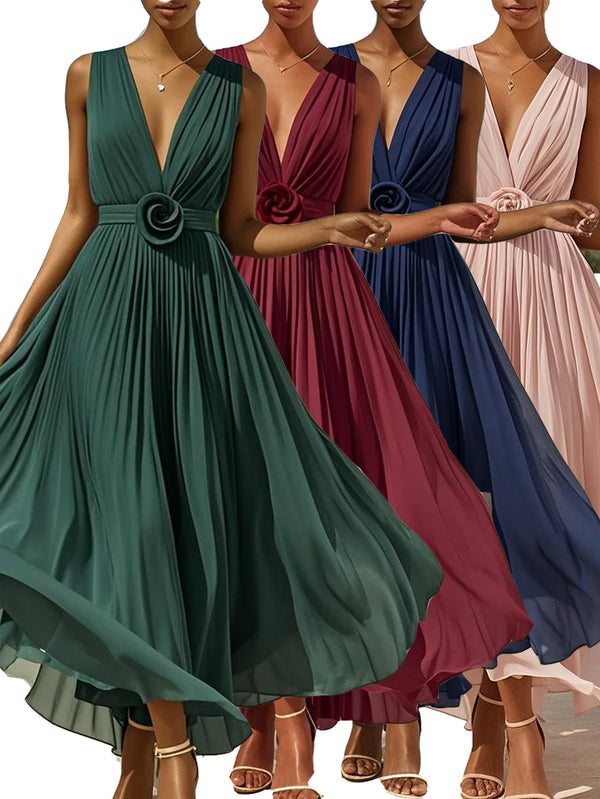 Pleated A-Line Maxi Dress with Deep V-Neck and Sleeveless