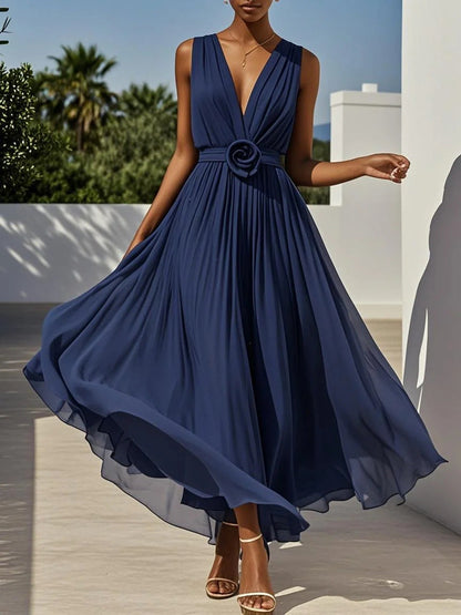 Pleated A-Line Maxi Dress with Deep V-Neck and Sleeveless