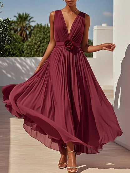 Pleated A-Line Maxi Dress with Deep V-Neck and Sleeveless