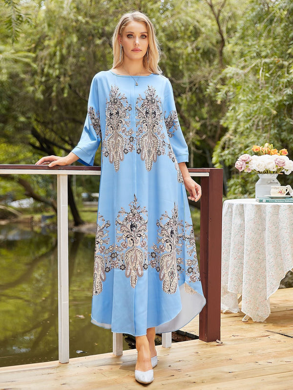 Ornate Print Flowy Maxi Dress with 3/4 Sleeves