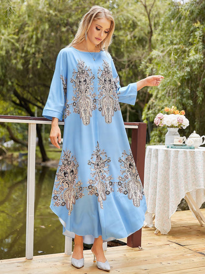 Ornate Print Flowy Maxi Dress with 3/4 Sleeves