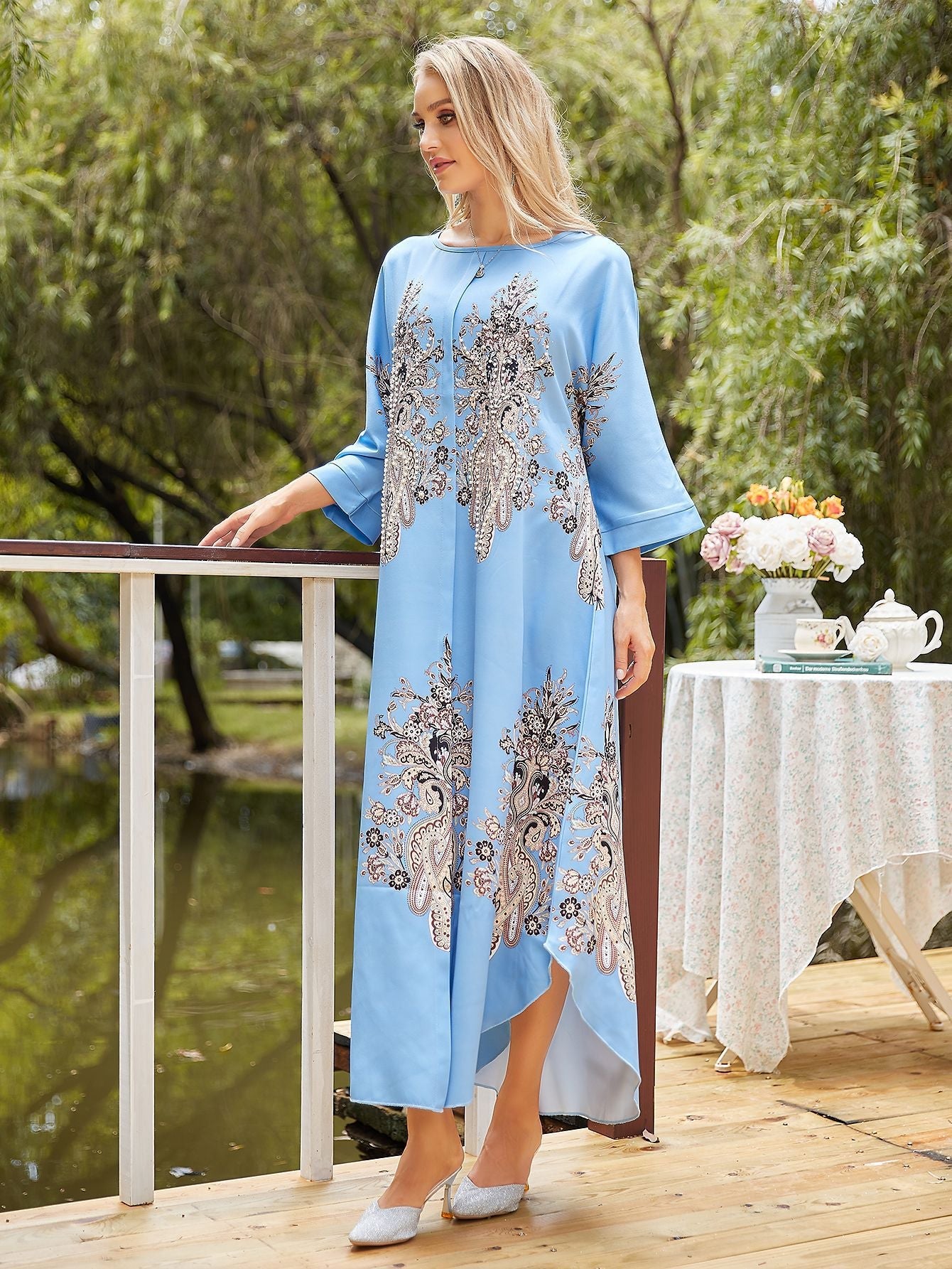 Ornate Print Flowy Maxi Dress with 3/4 Sleeves