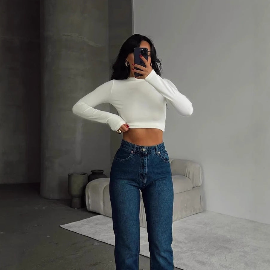 Solid Slim Fit High Neck Cropped Top